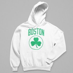 NEW Boston Celtics City Wordmark Shamrock Fleece Pullover Hoodie WHITE